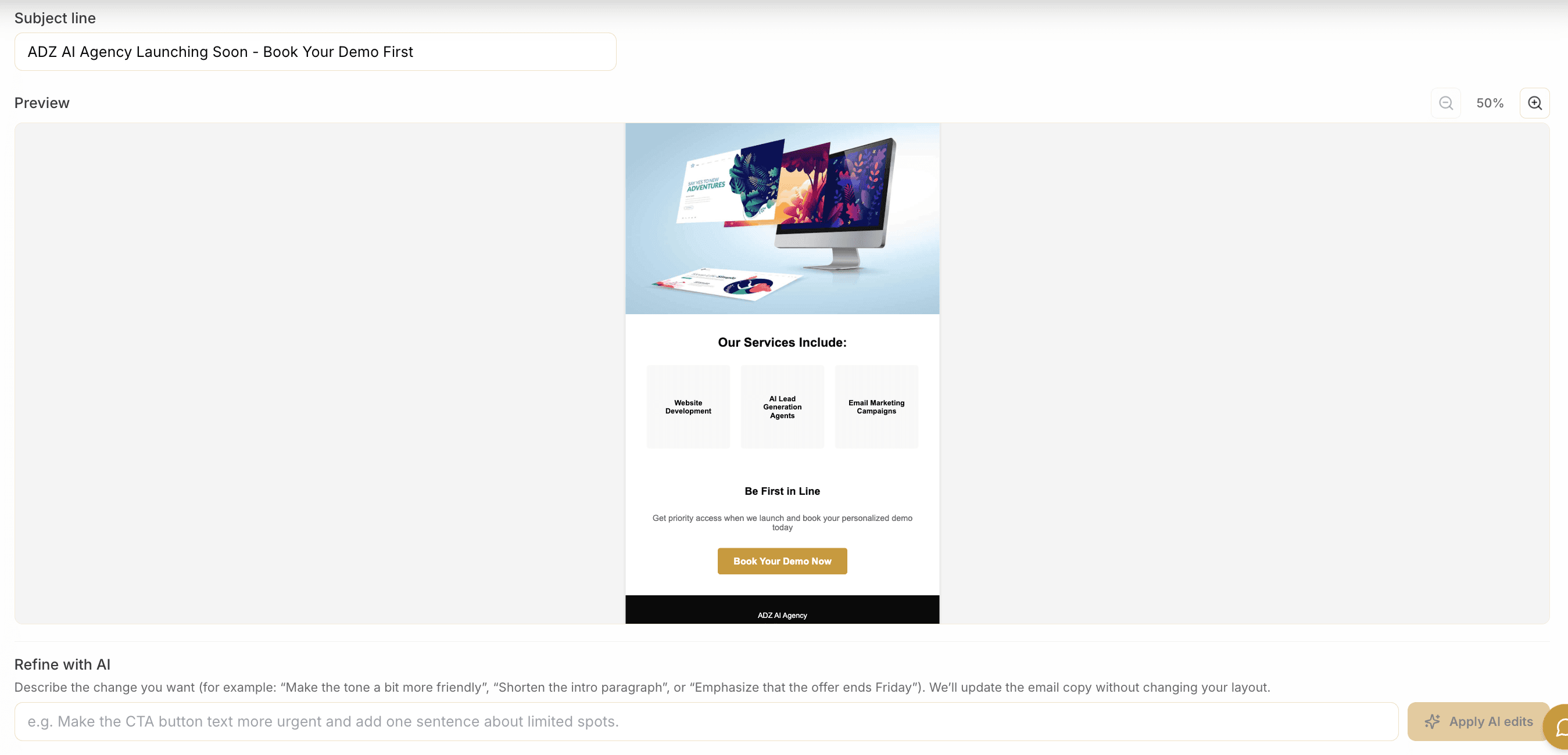 Screenshot of the ADZ dashboard Email Marketing tab showing subject line, preview with zoom controls, and Refine with AI.